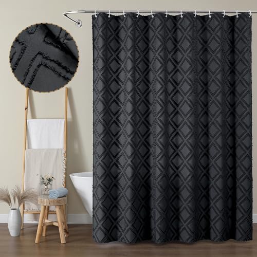 Black Shower Curtain Set, Jacquard Geometric Textured Fabric Boho Shower Curtains for Bathroom, Soft Hotel Style Farmhouse Shower Curtain Grommet Top 12 Hooks, Machine Washable, 72x72, Black - color: Black, size: 72"W x 72"L (Pack of 1)