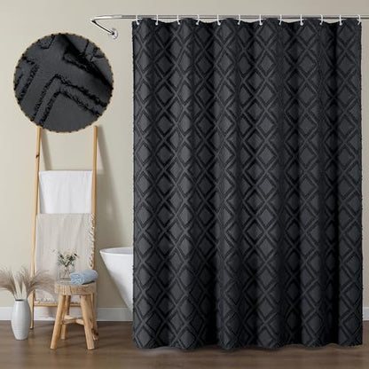 Black Shower Curtain Set, Jacquard Geometric Textured Fabric Boho Shower Curtains for Bathroom, Soft Hotel Style Farmhouse Shower Curtain Grommet Top 12 Hooks, Machine Washable, 72x72, Black - color: Black, size: 72"W x 72"L (Pack of 1)