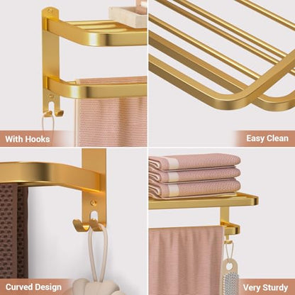 23 Inch Gold Bathroom Towel Rack Towel Shelf with Double Towel Bars Lavatory Wall Mount Holder with Hooks Golden Stainless Steel Hotel Bath Rack - color: Gold