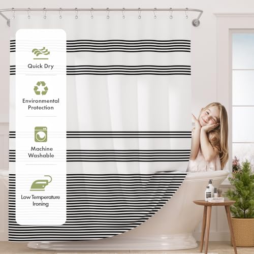 AmazerBath Shower Curtain, Striped Black Fabric Shower Curtain Set with 12 Shower Curtain Hooks, Rustic Cloth Black and White Curtain, Farmhouse Bathroom Shower Curtain Sets, 72x84 Inches - color: A- Black Stripe +12 Metal Hooks, size: 72"W x 84"L (Pack o