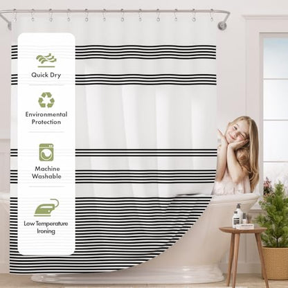 AmazerBath Long Shower Curtain, 72x78 Striped Black Fabric Shower Curtain Set with 12 Shower Curtain Hooks, Rustic Cloth Black and White Shower Curtain, Farmhouse Bathroom Shower Curtain Sets - color: A- Black Stripe +12 Metal Hooks, size: 72"W x 78"L (Pa