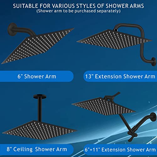 Voolan Rain Shower Head - High Flow Large Rainfall Shower Heads Made of Stainless Steel - Waterfall Bathroom Square Showerhead - Ceiling or Wall Mount (12" Black) - color: Matte Black, size: 12 Inch