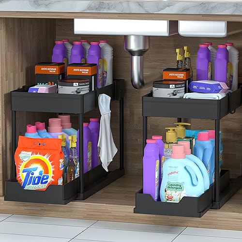 MEAFBIRD 2 Pack Under Sink Organizer, 2 Tier Bathroom Cabinet Organizer with Sliding Basket, Multi-Purpose Under Sink Organizers and Storage for Bathroom Kitchen (Black 2 Pack) - color: Black 2 Pack