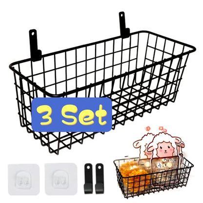 Joben Oligey 3 Set Hanging Wire Baskets ,Wall Mount Fruit Basket,No Drilling,Adhesive Small Metal Basket,Farmhouse Food Storage Mesh Bin Kitchen Pantry Laundry Bathroom Closet Garage RV ,Black - size: Black - Regular