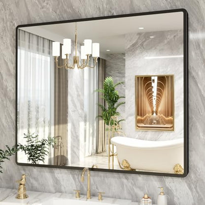 pertetey 48 x 40 in Rounded Rectangle Bathroom Mirror, Black Metal Frame | Black Metal Frame, Rounded Rectangle Design, Tempered Glass, Wall Mounted - size: 48"L x 40"W