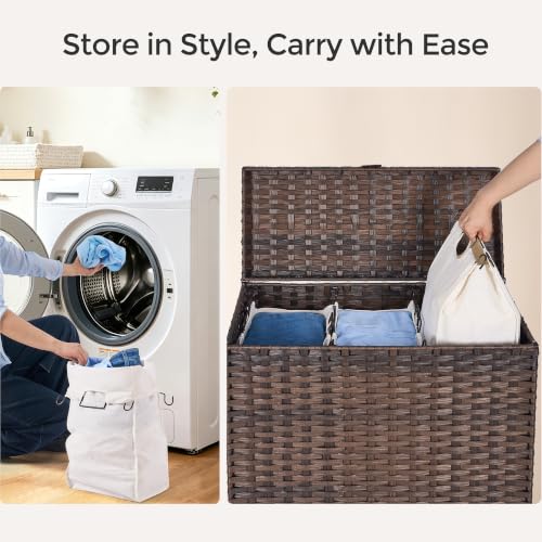 130L Wicker Laundry Hamper with Lid, 3-Section Laundry Basket | 3 Removable Liner Bags; 4 Included Mesh Laundry Bags; Handwoven PP Wicker; Reinforced Steel Frame - color: Brown