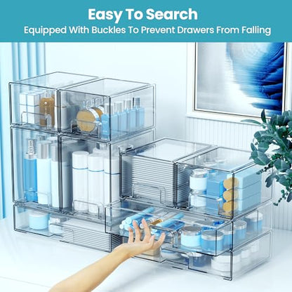 Stackable Storage Drawers, 3 Pack Clear Acrylic Makeup & Baby Bottle Storage Organizer, Versatile Storage Bins for Vanity, Under Sink, Kitchen Cabinets & Pantry (3 Pack)