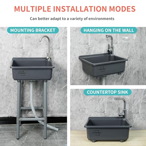 Freestanding Single Bowl Utility Sink, Kitchen Wall-Mounted Sink 16.9 x 12.8 Inch laundry tub With 1.26 faucet hole Plastic Sinks for Home Restaurant Dorm Garage Bathroom,Laundry slop sink (grey) - color: Gray