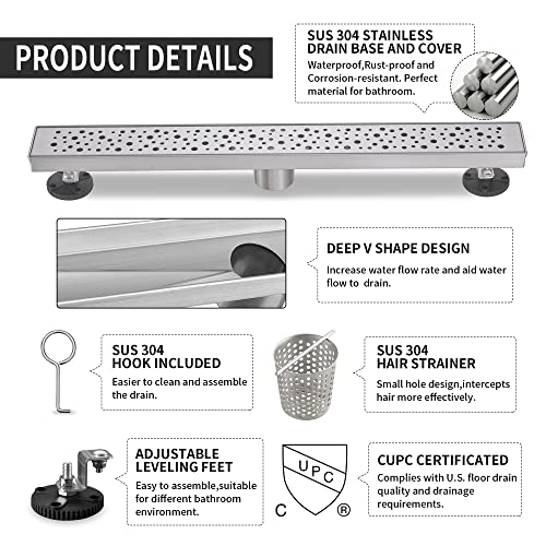 Linear Shower Drain 28 Inch, Bubbles Shower Drain SUS-304 Stainless Steel, 51L/Min Fast Drainage Floor Linear Drain, US Standard CUPC Certified, Brushed Silver, SD-099 - color: Brushed Silver, size: 28 Inch
