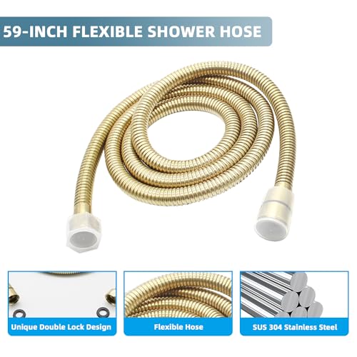 Solid Brass Handheld Shower Head Arc Design High Pressure Brushed Gold Hand Shower Wand with Adjustable Supply Elbow Wall Connector Shower Holder and 59″ Stainless Steel Hose Set - color: Brushed Gold