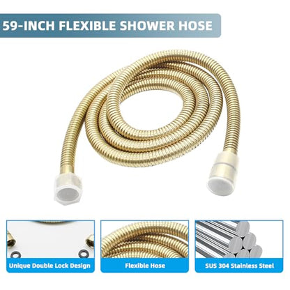 Solid Brass Handheld Shower Head Arc Design High Pressure Brushed Gold Hand Shower Wand with Adjustable Supply Elbow Wall Connector Shower Holder and 59″ Stainless Steel Hose Set - color: Brushed Gold