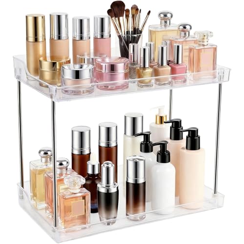 2 Tier Bathroom Counter Organizer, Clear Vanity Shelf Organizer for Skincare & Perfume, Non-Slip Bathroom Counter Shelf for Small Spaces, Bathroom Vanity Organizer Countertop (Rectangular)