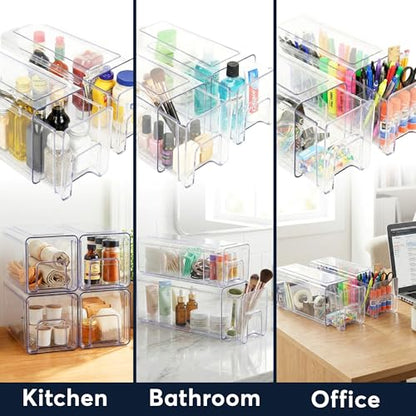 Sorbus Clear Stackable Storage Drawers, 4-Piece Set 1 Large, 1 Medium & 2 Small Pull-Out Plastic Organizer Bins with Handles for Bathroom, Closet, Pantry, Cabinet & Medicine Storage - size: Complete Set