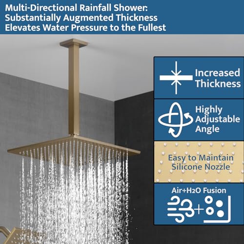 Thermostatic Shower System Brushed Gold, Push Button Diverter Shower Faucet with 2 in 1 Handheld, Ceiling Mount 12 Inch Shower Head with 6 Inch Wall Mount Shower Head - color: Brushed Gold, style: 12 Inch