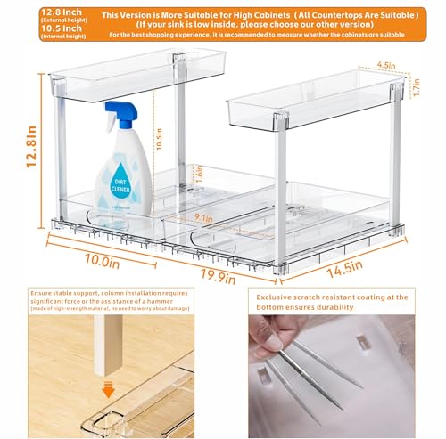 2 Pack 14.6″ Deep Pull Out Under Sink Organizer,12.8″ High 2 Tier Slide Out Cabinet Organizer for Kitchen Cabinet,Undersink Organizers,Under Sink Shelves,Bathroom Organizers and Storage,Clear - size: 12.8 In High