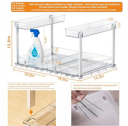 2 Pack 14.6″ Deep Pull Out Under Sink Organizer,12.8″ High 2 Tier Slide Out Cabinet Organizer for Kitchen Cabinet,Undersink Organizers,Under Sink Shelves,Bathroom Organizers and Storage,Clear - size: 12.8 In High