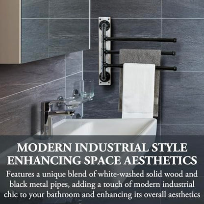 MyGift Swivel Towel Rack, Wall Mounted Towel Holder with 3 Tier Industrial Metal Pipe Towel Bars, Wooden Base Rustproof Swing Out Towel Hanger for Bathroom, Kitchen, Pool (White) - color: Whitewashed / Black