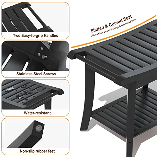 Bamboo Shower Stool Bench Waterproof with Storage Shelf for Shaving Legs or Spa Bath Seat in Bathroom & Inside Shower for Adults Seniors Elderly (24 x 13.4 x 18.5 inches+Black) - size: 24 x 13.4 x 18.5 inches+Black