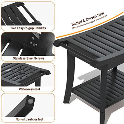 Bamboo Shower Stool Bench Waterproof with Storage Shelf for Shaving Legs or Spa Bath Seat in Bathroom & Inside Shower for Adults Seniors Elderly (24 x 13.4 x 18.5 inches+Black) - size: 24 x 13.4 x 18.5 inches+Black