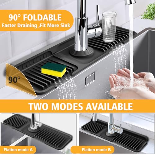 17.7-Inch Kitchen Sink Splash Guard Mat | 7° Slope for Fast Self-Draining | Snap-Lock Design | Universal & Cuttable Silicone - color: Black, size: 17.7" x 5.5"