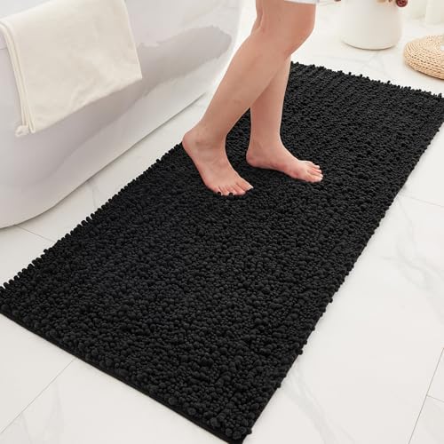 Bathroom Rugs Non Slip Washable 44x24, Extra Thick Soft Chenille Absorbent Bath Mat, High Density Barrier Non Slip Backing, Quick Dry Plush Shaggy Floor Carpet for Tub&Shower, Black - color: Black, size: 44" X 24"(Bathroom Rug)