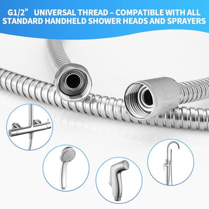 98" Metal Shower Hose Replacement Handheld Kink Free Stainless Steel Shower Head Wand Hose Extension Extra Long with Brass Insert and Nut, Durable & Flexible for Pet Bathing Cleaning - color: Chrome, size: 98 Inches