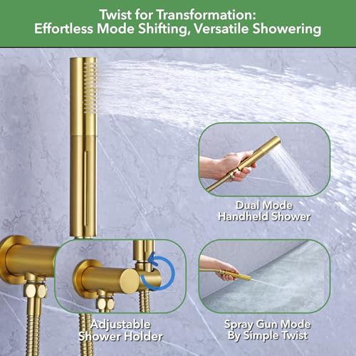 VANFOXLE Shower Faucet Set Brushed Gold Shower System, Push Button Diverter | 8 Inch Wall Mount Head, 2-in-1 Handheld Sprayer, 9 Inch Bathtub Waterfall Spout, Solid Brass Valve, Rust Resistant - color: Brushed Gold, style: 8 Inch