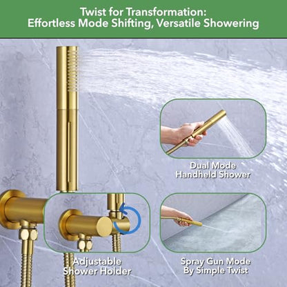 VANFOXLE Shower Faucet Set Brushed Gold Shower System, Push Button Diverter | 8 Inch Wall Mount Head, 2-in-1 Handheld Sprayer, 9 Inch Bathtub Waterfall Spout, Solid Brass Valve, Rust Resistant - color: Brushed Gold, style: 8 Inch