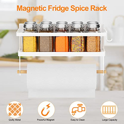 Spice Rack Magnetic Shelf with Paper Towel Holder Roll and Hooks, Foldable Refrigerator Magnetic Spice Holder, Seasoning Organizer Hanging Spice Storage Stand, White - color: White