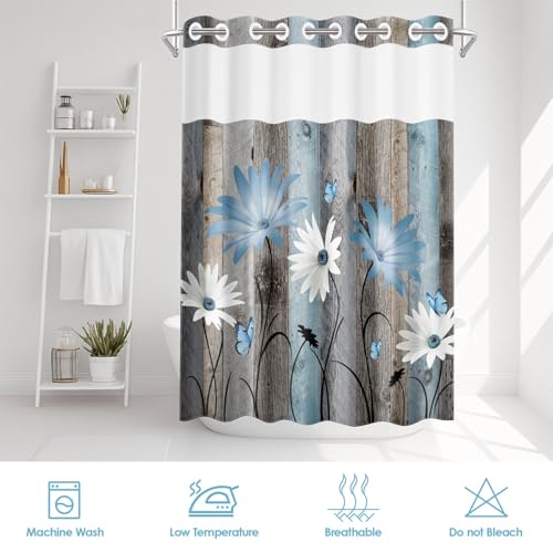 No Hook Shower Curtain with Snap in Liner 54x80 Inch Blue Daisy | Farmhouse Rustic Butterfly Modern Double Layers Waterproof Fabric with See Through Top Window Open Grommet Bath Curtain - color: Blue Retro Daisy, size: 54"W x 80"L (Pack of 1)