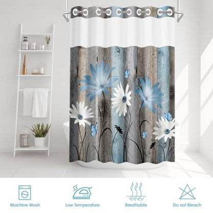 No Hook Shower Curtain with Snap in Liner 54x80 Inch Blue Daisy | Farmhouse Rustic Butterfly Modern Double Layers Waterproof Fabric with See Through Top Window Open Grommet Bath Curtain - color: Blue Retro Daisy, size: 54"W x 80"L (Pack of 1)