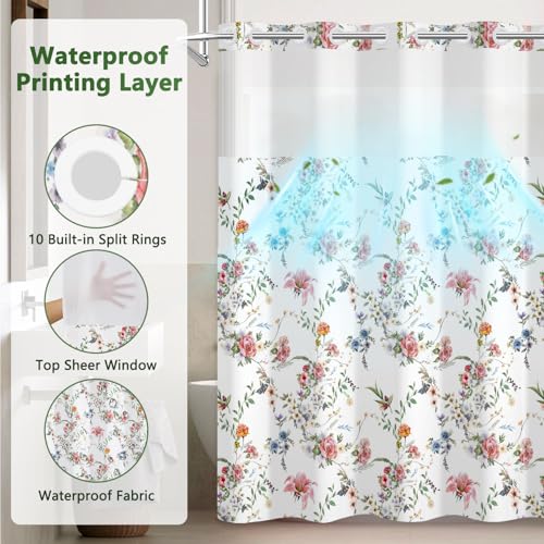 Floral Shower Curtain with Removable Liner, Double-Layer Waterproof Shower Curtains for Bathroom, Washable No Hook Shower Curtain with Snap in Liner, Weighted Bottom and Mesh Top Window, 71x74 Inches - color: Wildflowers