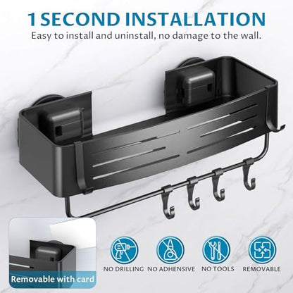 Onemake Shower Caddy Suction Cup, 2 Pack Shower Shelf with Hooks, Black | No-drill Rustproof Aluminum Removable Caddy with Hooks, Wall Mounted Shower Organizer, Corner Shampoo Holder for Bathroom - style: 2 Tier-Black Square Caddies