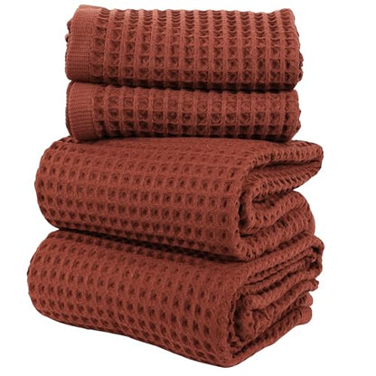 PÜSKÜL Natural 100% Turkish Cotton Waffle Towels Set of 4-Piece, Brick-Red | 2-Bath sheet (Extra-large 32x63") and 2-Hand towel (Large 32x16"). Premium honeycomb-waffle weave, oeko-tex made in Turkiye. - color: Brick