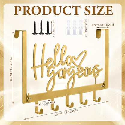 Sieral "Hello Gorgeous Over The Door Hook Rack – Gold Decorative Towel Hanger with Hooks, No Drill Wall Mount for Bathroom Bedroom Entryway, Fits Doors 1.4"–1.8" Thick