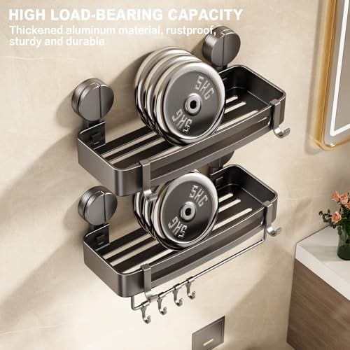 Shower Caddy Suction Cup, 2 Pack Corner Shower Shelves No Drilling, Showers Organizer Storage with Towel Bar & Removable Hooks, Bathroom Shower Shelf Rack for Inside Showers