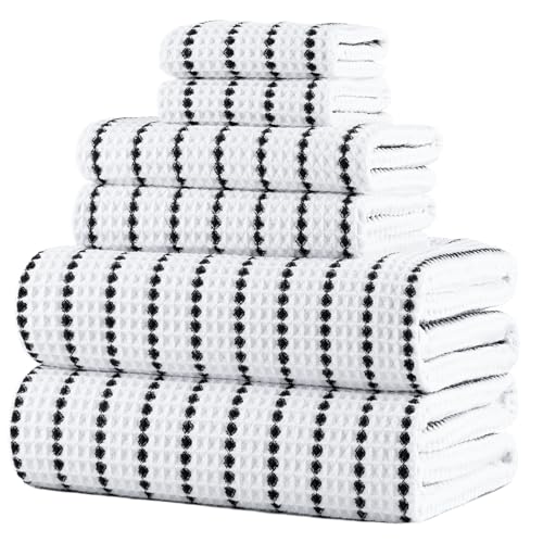 POLYTE 430 GSM Poly Blend Microfiber Quick Dry Waffle Bath Towel Set of 6 | 2-Body Towels, 2-Hand Towels, 2-Wash cloths, Oversize, Lint Free - color: White/Black