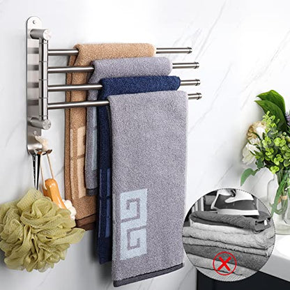 NearMoon Swivel Towel Rack, 13.8" Thicken 304 Stainless Steel 4-Arm Towel Bar, Space Saving Wall Mounted Towel Holder with Hook, Rustproof Swing Out Towel Hanger for Bathroom, Kitchen (Brushed Nickel) - color: Brushed Nickel, size: 13.8 Inch
