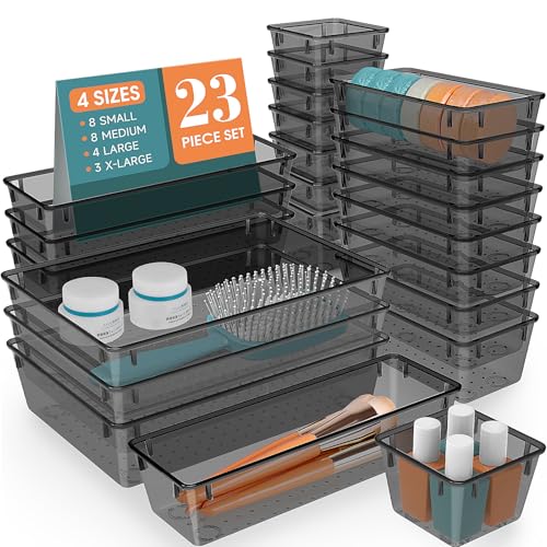 23 PCS Plastic Drawer Organizers Set, 4 Size Desk Drawer Organizer Trays | 4 Size Desk Drawer Organizer Trays for Makeup, Jewelry, Kitchen Utensils, Gadgets and Office - color: Black, size: 23 PCS