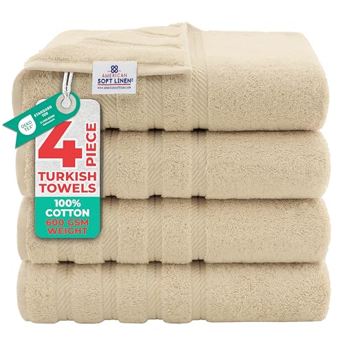American Soft Linen 100% Cotton Luxury Turkish Towels, 4 PC Bath Towel Set | Soft Absorbent Quick Dry OEKO Tex Standard 100 Certificated Durable Machine Washable Premium Hotel Quality - color: Beige, size: 27"x54"