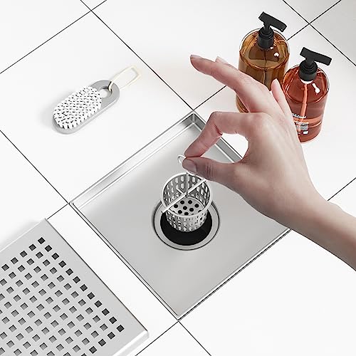 Neodrain 6 in Brushed Square Shower Drain with Quadrato Pattern Grate | 304 Stainless Steel Square Drain for bathroom, with Hair Strainer and Lifting Hook,Waterproof & Durable, CUPC Certified - color: Stainless, size: 6 IN
