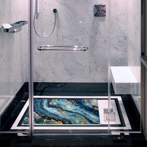 Shower Mat Non-Slip Bathtub Mats with Suction Cups and Drain Holes, Blue Marble Texture Design, Easy to Clean for Bathroom, 26.8x15.1In - color: Multi 1