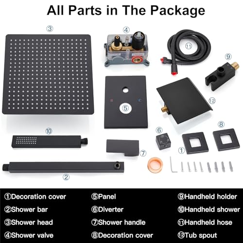 Midanya Shower System with Tub Spout,Bathtub Shower Faucet Set with Square Rainfall Head and Handheld Sprayer Wall Mount Tub Faucet Set with Valve and Trim Kit,16 Inch Matte Black - color: Matte Black, size: 16 Inch