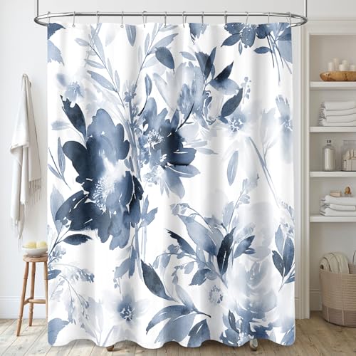 Floor to Ceiling Extra Long Flower Shower Curtain 72x96 Inch, Navy Blue | X-Long Tall 8 Ft Watercolor Floral Modern Abstract Bathroom Fabric Shower Curtain Set with Hooks, Blue White - color: Navy Blue, size: 72"W x 96"L (Pack of 1)