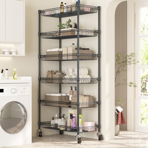 Himimi 6 Tier Rolling Storage Cart, Metal Wire Basket Rack with Wheels, Adjustable Storage Shelves Organizer Shelf for Kitchen Pantry Garage Laundry Room Bathroom, 30" W X 13.5" D X 63" H, Black - size: 30"W X 13.5"D X 63"H
