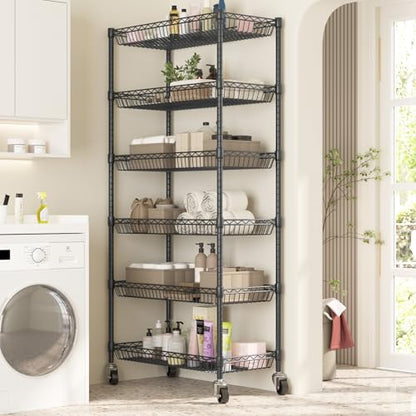 Himimi 6 Tier Rolling Storage Cart, Metal Wire Basket Rack with Wheels, Adjustable Storage Shelves Organizer Shelf for Kitchen Pantry Garage Laundry Room Bathroom, 30" W X 13.5" D X 63" H, Black - size: 30"W X 13.5"D X 63"H