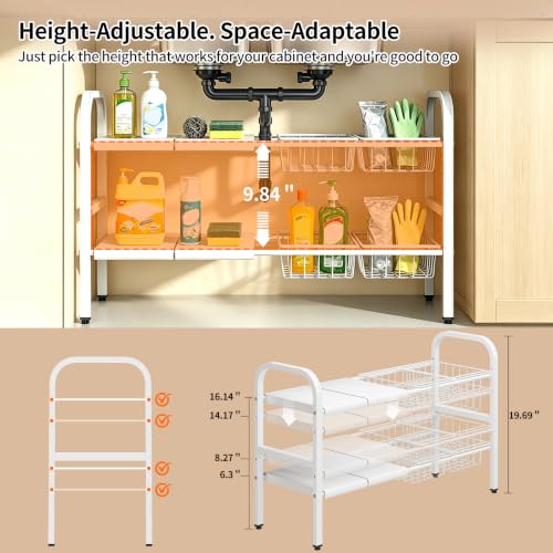 2 Tier Under Sink Organizer Expandable Length/Height Adjustable Heavy | removable panels & baskets, 150% capacity boost, 50lb steel, anti-wobble feet, fits kitchen/bath/laundry, easy set up