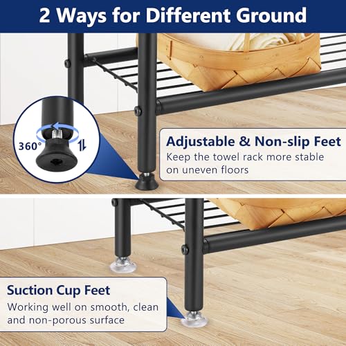 Free Standing Towel Rack, 2 Tier Towel Racks for Bathroom with Storage Shelves, Outdoor Standing Towel Drying Rack for Poolside, Black, DECLUTTR