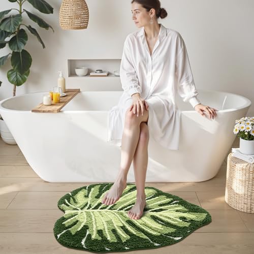 LUMI Cute Bathroom Rugs with Green Leaf Plant, Soft, Fluffy, Plush, Absorbent, Quick Dry, Non Slip, Machine Washable for Shower Floor, Bathroom, Bedroom,Kids Room, 23.5"x31.5", Monstera | Monstera Plant, Soft Plush Microfiber, Quick Dry, Washable for Show