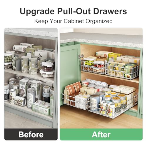 Pull out Cabinet Organizer, Stainless Steel 1-Pack (9.8"W x 16.5"D) Full-Extension Slide out Drawer, Adhesive Roll out Can Spice Storage Basket Shelf Rack for Pantry, Kitchen, Bathroom, Home Closet - size: (9.8"W x 16.5"D x 4.7"H)